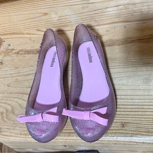 Mini Melissa Pink Glitter Jelly Flats with Bow Accent